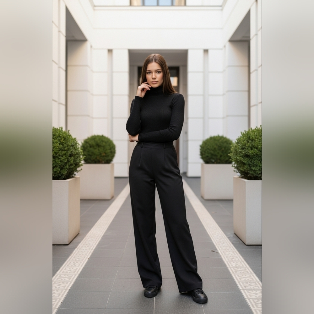 Flores & Flores SZ 6 Wide Leg 100% Black Silk Flat Front Pants Back Zip Lined